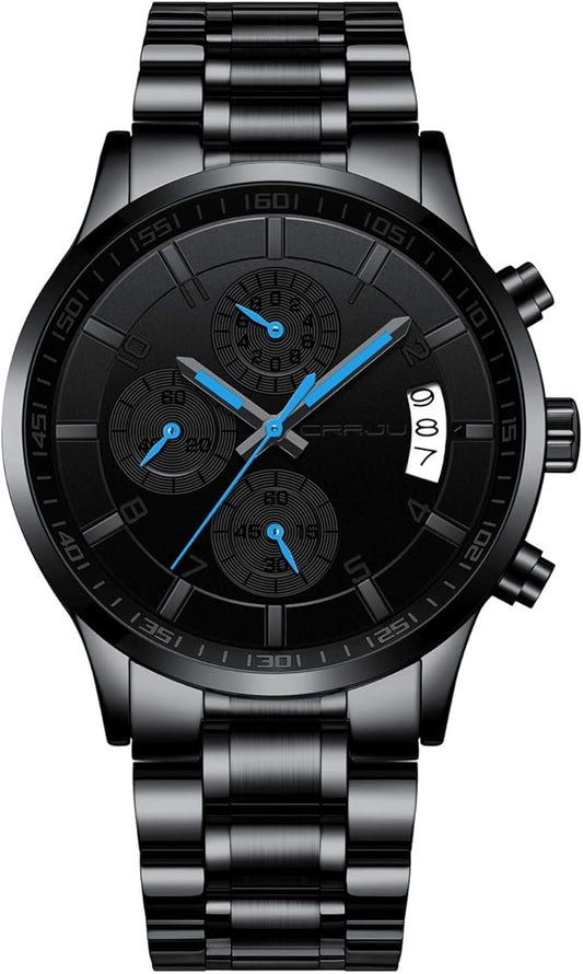 CRRJU Men's Fashion Stainless Steel Watches Date Waterproof Chronograph Wristwatches,Black Steel Band Waterproof Quartz Watch for Men