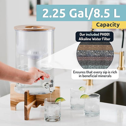 Invigorated Water pH Recharge Alkaline Water Filter Dispenser – BPA-Free Glass Countertop Water Filter Pitcher Purifier for Home & Office, 36-Cup Capacity, 360L Long Filter Life (Acacia/Marble)