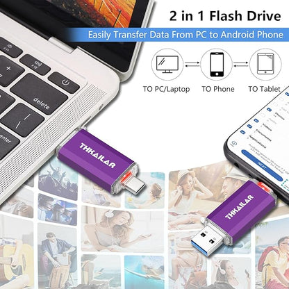 THKAILAR 128GB USB C Flash Drive 2 Pack,2-in-1 Dual Type-A&Type-C Thumb Drive USB 3.0 Memory Stick,High-Speed Flash Drive USB C for iPhone 15/16,Android,Mac,PC,PS4,Plug&Play,Durable&Compact Design