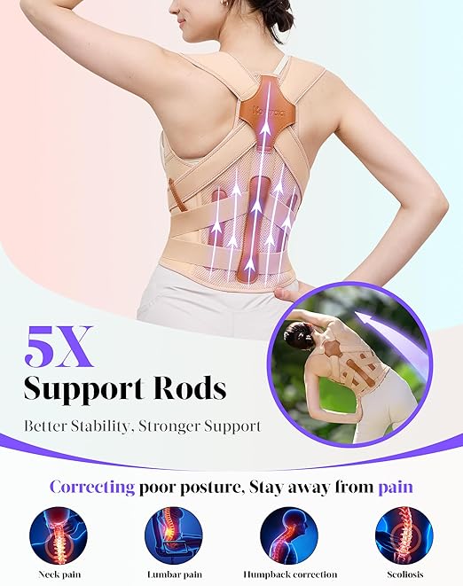 Posture Corrector for Women and Men, 5 Full Back Support Brace Rods, Adjustable Shoulder Straightener, FSA&HSA Eligible, Relief for Upper and Lower Back, Lumbar, Neck Pain (Beige, Small)