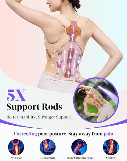Posture Corrector for Women and Men, 5 Full Back Support Brace Rods, Adjustable Shoulder Straightener, FSA&HSA Eligible, Relief for Upper and Lower Back, Lumbar, Neck Pain (Beige, Medium)