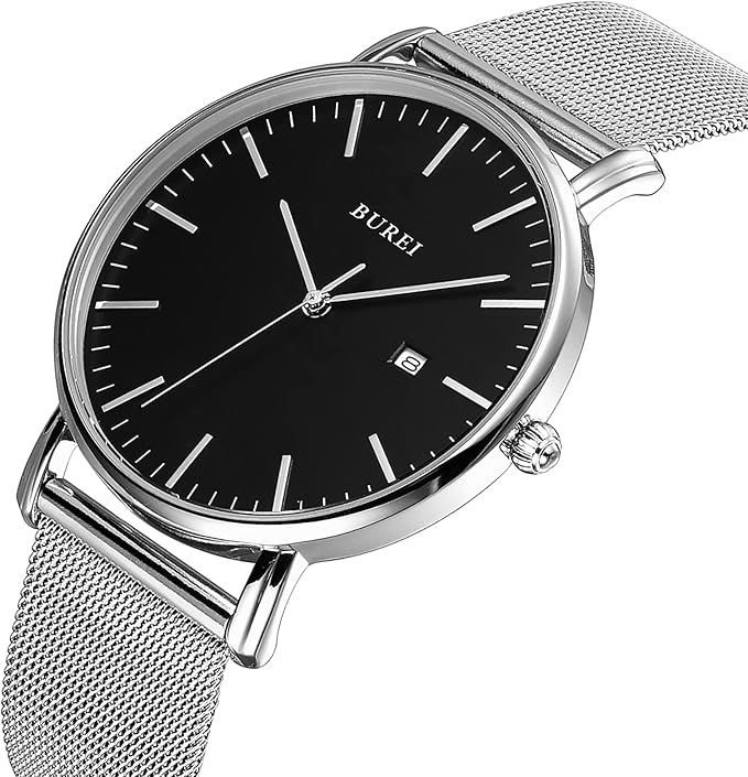 BUREI Men Watches Brown Leather Fashion Minimalist Wrist Watch Simple Ultra Thin Waterproof Quartz Watches All Black Stainless Steel Mesh Band,Gift for Men Women