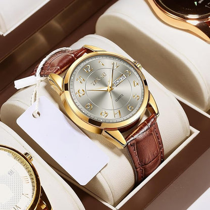 Men's Watch Big Face Easy Read Arabic Numeral Dress Watches for Men Classic Black Brown Leather Band Analog Mens Wrist Watch with Day and Date Fashion Business Waterproof Luminous Quartz Watch