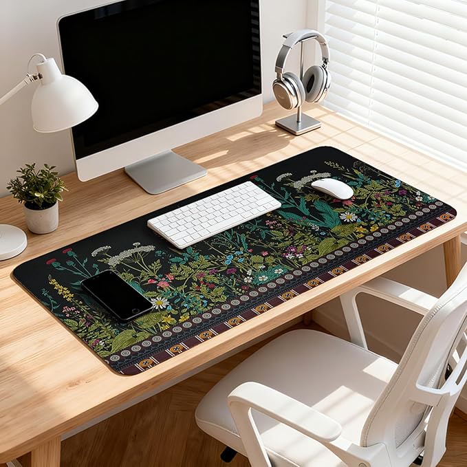Flowers & Plants Patterns Desk Mat, Large Gaming Mouse Pad Non-Slip Rubber Base with Stitched Edges, Waterproof Protection for PC Laptop Home Office Desk Decor (31.5x11.8in)