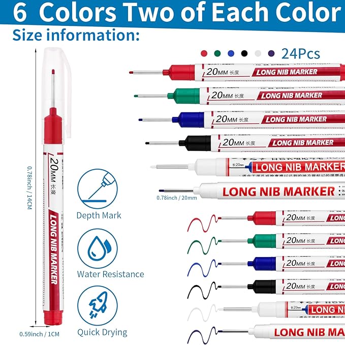 24 PCS Long Head Deep Hole Marker Pens,20mm Long Nib Marker, Longs Nose Markers, Waterproof Construction Markers Marking Tool,Permanent Markers Carpenter Ink marker Pens,Metal marking Pens