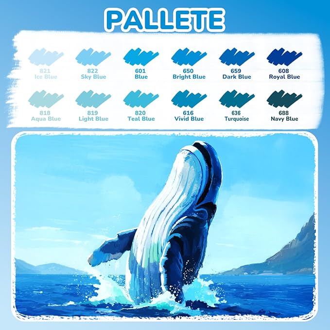 Guangna 12 Blue Dual Tip Acrylic Paint Markers, Brush Tip & Chisel Tip Acrylic Paint Pens for Pumpkin Paint, Rock, Wood, Glass, Paper, Coloring Book, Ceramic, Canvas, Water-Based Ink
