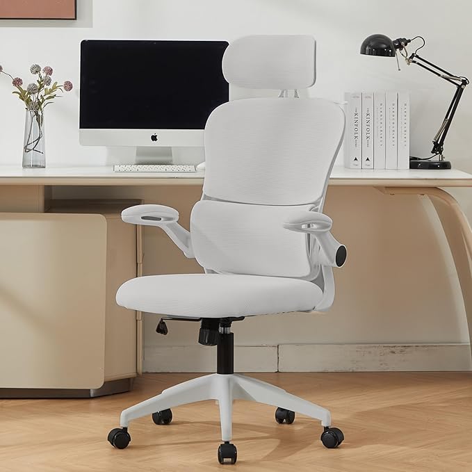 Ergonomic Mesh Office Chair, 400 lbs Capacity, High Back Desk Chair with Adjustable Lumbar Support, 3D Headrest, Flip-Up Armrests, and PU Wheels for Long Workdays and Home Office (White)