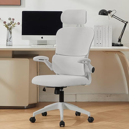 Ergonomic Mesh Office Chair, 400 lbs Capacity, High Back Desk Chair with Adjustable Lumbar Support, 3D Headrest, Flip-Up Armrests, and PU Wheels for Long Workdays and Home Office (White)