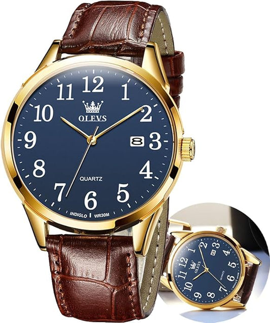 OLEVS Mens Watches Vintage Leather Band Dress Classic Easy Reader Arabic Numerals Analog Quartz Waterproof Date and Day Blue/Black/White Large Face Men's Wrist Watches