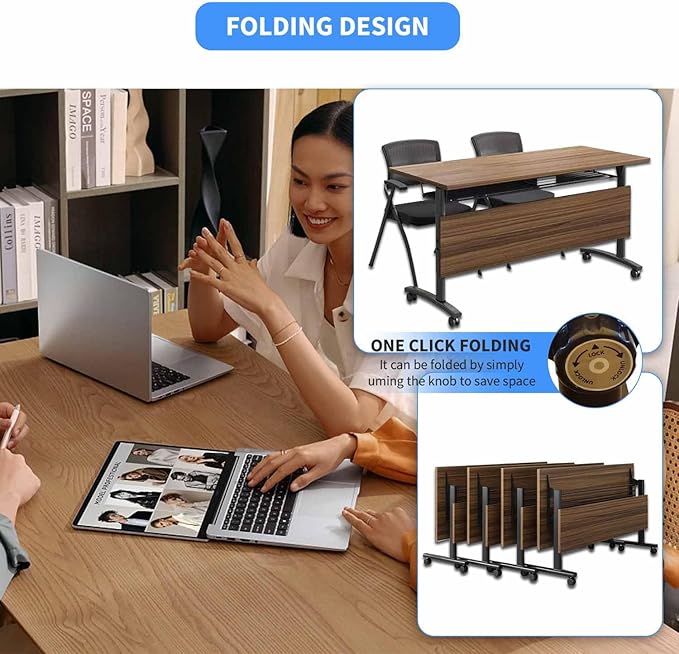 Folding Conference Room Tables,55" Flip Top Seminar Conference Tables,Foldable Meeting Table with Silent Wheels,Office Rolling Modular Meeting Room Table Mobile Training Tables (Walnut, 8 pack)