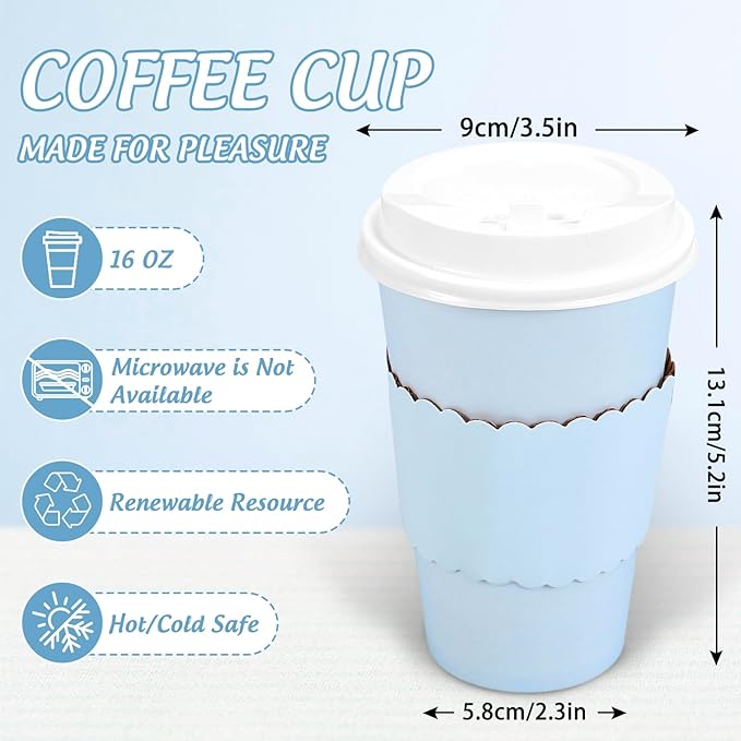 Whaline 100 Pcs Light Blue Disposable Coffee Cups with Lids and Sleeves 16 Oz Insulated To Go Paper Cups for Winter Home Restaurant Travel Wedding Birthday Baby Shower Party Supplies