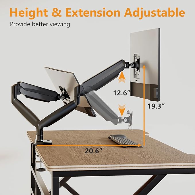 Dual Monitor Mount Heavy Duty Monitor Arm for 2 Ultrawide Computer Monitors Adjustable Dual Monitor Stand Desk Mount Fits Screen up to 35 Inch, 26.4lbs Each,with C Clamp & Grommet Base,Black