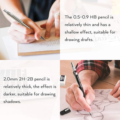 Nicpro 30PCS Art Mechanical Pencil Set in Leather Case, Metal Drafting Pencil 0.5 mm, 0.7 mm, 0.9 mm & 3 PCS 2mm Lead Holders for Sketching Drawing With 16 Tube (6B 4B 2B HB 2H 4H Colors) Lead Refills