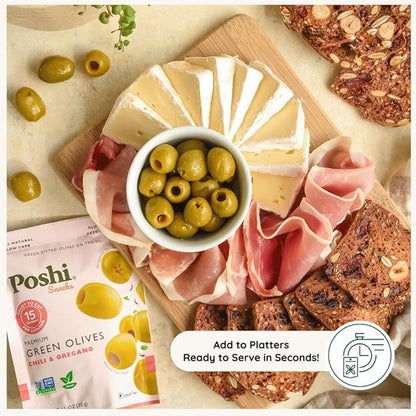POSHI Green Pitted Olives - Chili & Oregano | Vegan, Kosher, Gluten Free + Keto Friendly, Fresh, All Natural Low Calorie Healthy Snacks | (30 Pack, 1.1oz Bags)