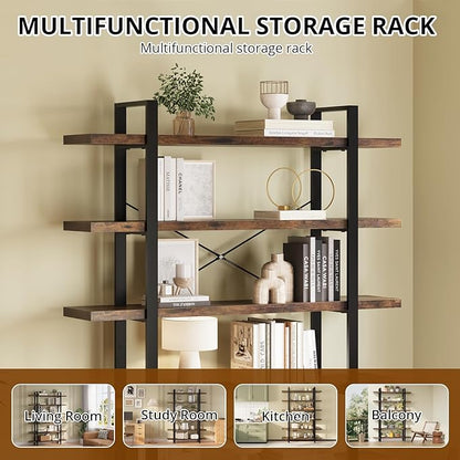 FURSUN Heavy Duty 4 Tier Bookcase, 55-in Tall Industrial Modern Large Bookshelf, Wood Farmhouse Bookcases Book Shelves and Metal Frame for Office, Bedroom, Living Room, Brown