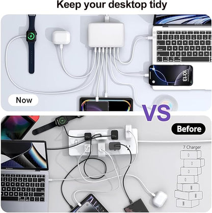200W USB C Charger Block, 200W GaN 7 Port USB Charging Station PD 65W Laptop Power Adapter Wall Plug, USB C Block Charging Hub Compatible with MacBook Pro/Air/iPhone 16/15/14/13/iPad/Galaxy S24/S23