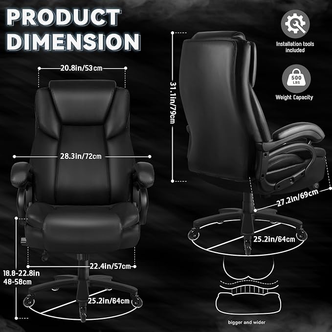 OFIKA Heavy Duty Big and Tall Office Chair,400LBS Capacity Chair for People,High Back PU Leather Executive Desk with Wide Seat,Large Adjustable Lumbar Support,Black,(GDPY)