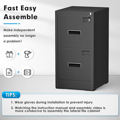 Greenvelly 18" D Vertical File Cabinet, 2 Drawer Locking Cabinet for Home Office, Black Metal for Hanging Letter/Legal Folders, Easy Assemble