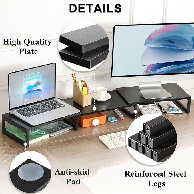 TEAMIX Dual Monitor Stand Riser for 2 Monitors, Wood & Metal Stand Adjustable Length/Angle Shelf Triple Monitor Stand for Screens/PCs/Printers/Laptops Desktop Organizer