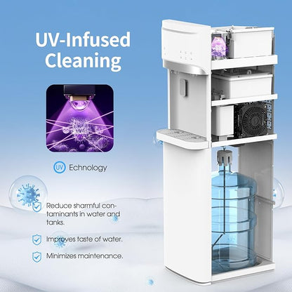 Self Cleaning Hot and Cold Water Cooler Dispenser with Ice Maker for 5 Gallon Bottom Loading 22lbs Daily Capacity Night Light White