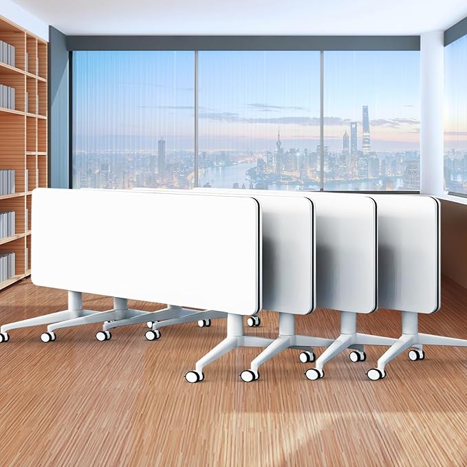 Folding Conference Table,Movable Conference Room Table with Wheels,White Wood Rectangular Conference Table with Modern Business Style,Modular Meeting Training Tables for Office Classroom(4,70.8'')