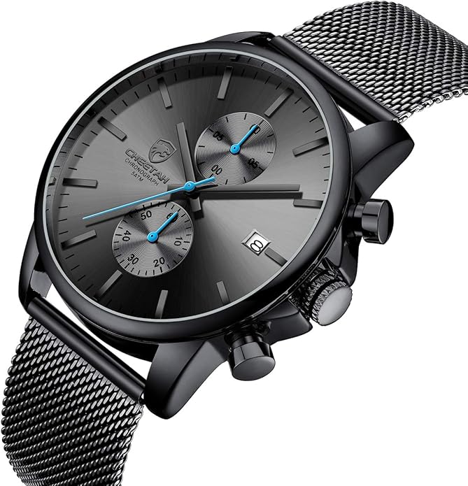 GOLDEN HOUR Mens Watch Fashion Sleek Minimalist Quartz Analog Mesh Stainless Steel Waterproof Chronograph Watches for Men with Auto Date