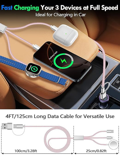 2Pack Multi Charging Cable Cord for Travel Essentials,Apple Watch Charger,iPhone Charger,[3-in-2] Type C/L Cable Portable Designed for iWatch,iPhone 17-8,Galaxy S26-21,AirPods,iPad-4FT Pink