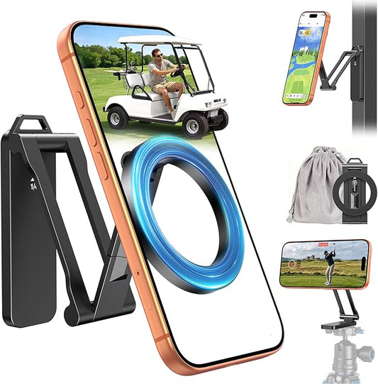 OMOTON Magnetic Golf Cart Phone Holder, [1/4" Screw+Tri-fold] Golf Gifts for Men Women Him 2026 Golf Accessories Essentials Gadgets Compatible with iPhone 17-12, Fits EZGO/Club Car/Yamaha, Black