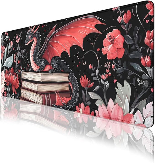 Dragon Desk Pad Mouse Pad Cartoon Flowers Fantasy Magical Books Mouse Pad Large Mousepad Extended Laptop Keyboard Mat Gaming Desk Pad Mouse Mat 31.5"x11.8"