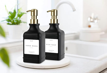 Emerson Essentials Soap Dispenser, Dish Soap Dispenser, Soap Bottle Dispenser Bathroom Set, Hand Soap Dispenser, Kitchen Soap Dispenser Set, Glass Soap Dispenser Pump + Labels | 16 Oz, 2-Pack
