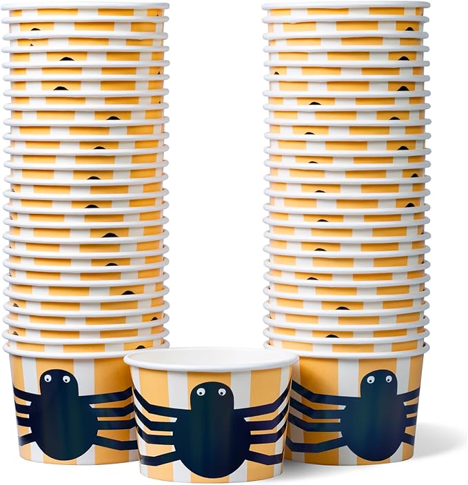 Paper Ice Cream Cups, 50-Count 9-Oz Disposable Dessert Bowls for Hot or Cold Food, 9-Ounce Halloween Party Supplies Treat Cups, Spider