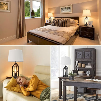 BesLowe 2-Light Farmhouse Touch Table Lamps, 3-Way Dimmable Bedside Lamps with 2 USB Ports for Bedroom, Rustic End Table Lamps for Living Room with White Shades, 4 LED Bulbs Included, Set of 2