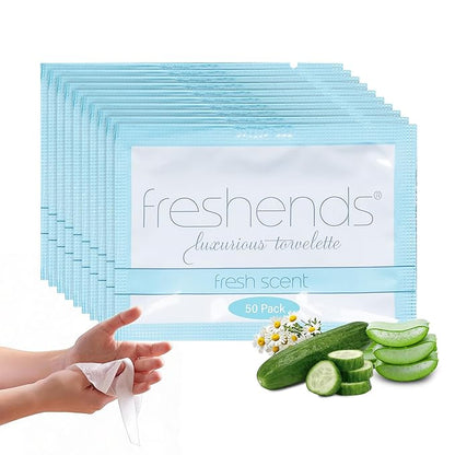 Freshends Flushable Individually Wrapped Wipes – 50 Bulk Pack Luxurious Towelettes, Guest Bathroom Essentials for Weddings, Restaurants, Bars & Clubs – Blue, Travel-Size, Disposable