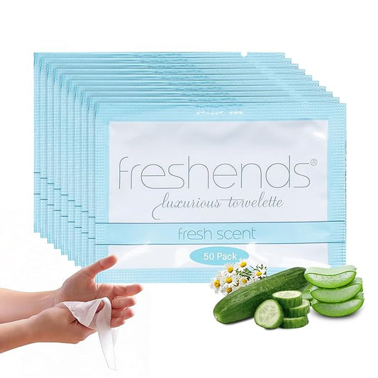 Freshends Flushable Individually Wrapped Wipes – 50 Bulk Pack Luxurious Towelettes, Guest Bathroom Essentials for Weddings, Restaurants, Bars & Clubs – Blue, Travel-Size, Disposable