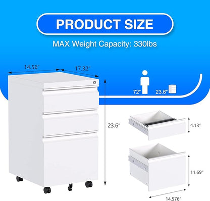 Aobabo 3 Drawer File Cabinet with Lock,Metal Filing Cabinet with Wheels for Home Office & Business Enterprise, Legal/Letter Size, Fully Assembled Except Wheels, White