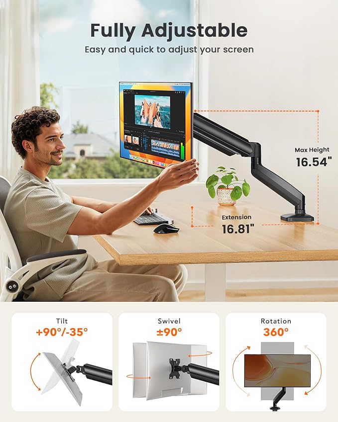ErGear Single Monitor Arm, Adjustable Monitor Mount for 13–49 inch Screens, Computer Monitor Stand with VESA Mount, C-Clamp & Grommet Base, Max Load 22 lbs, Max VESA 100x100mm, EGSS25B