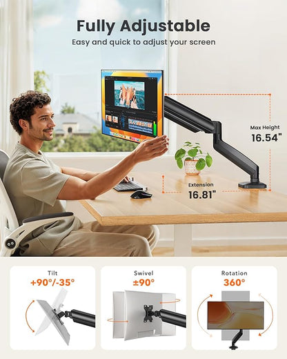 ErGear Single Monitor Arm, Adjustable Monitor Mount for 13–49 inch Screens, Computer Monitor Stand with VESA Mount, C-Clamp & Grommet Base, Max Load 22 lbs, Max VESA 100x100mm, EGSS25B