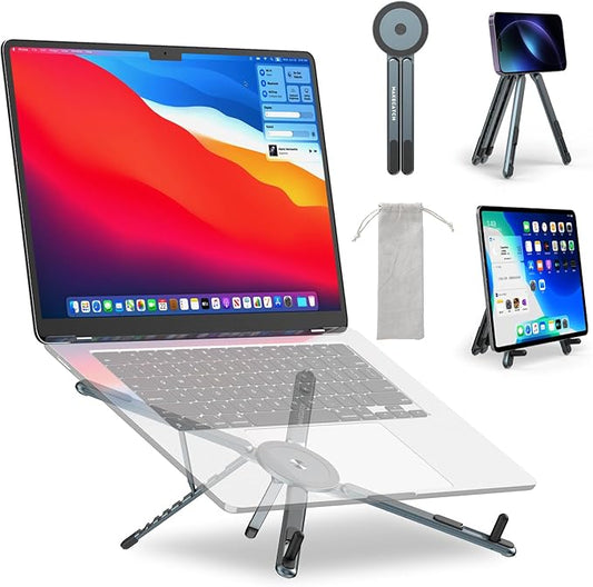 Adjustable Laptop Stand for Desk with Magnetic Phone Holder, MagSafe Compatible Portable Foldable Computer Riser for MacBook, iPhone, iPad, Tablet - Perfect for Office, Home, Traveling