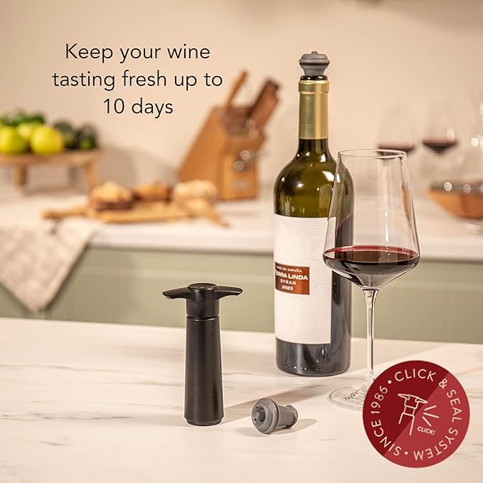 Vacu Vin Original Wine Saver with 4 Vacuum Bottle Stoppers – Black Wine Preserver Pump for Red or White Wine – Manual Air Remover System – Airtight Seal – Keep Wine Fresh Longer