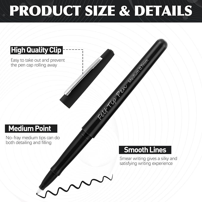 60 Pcs Black Felt Tip Pens 0.7mm Medium Point Pens Bulk, Felt Tip Markers for Journaling, Writing, Note Taking, Planner, Ideal for Office School Art Supplies Gift