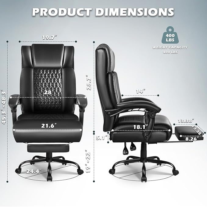 Big and Tall Office Chair with Foot Rest 400lbs, Heavy Duty Executive Leather Office Chair for Heavy People, Comfy High Back Ergonomic Office Desk Chair with Footrest and Lumbar Support, Black
