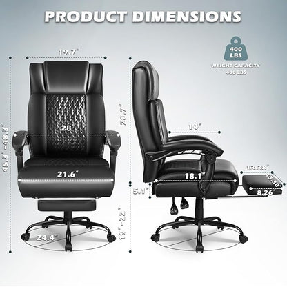 Big and Tall Office Chair with Foot Rest 400lbs, Heavy Duty Executive Leather Office Chair for Heavy People, Comfy High Back Ergonomic Office Desk Chair with Footrest and Lumbar Support, Black