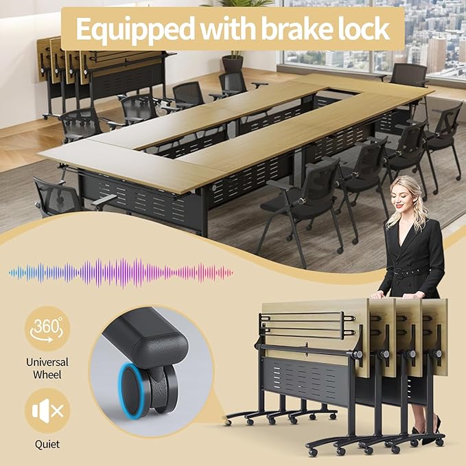 Conference Table Folding Conference Room Tables, Modern Mobile Meeting Training Table with Silent Wheels, Foldable Seminar Table for Offices, Classrooms, Libraries (10, Maple, 55.1in)