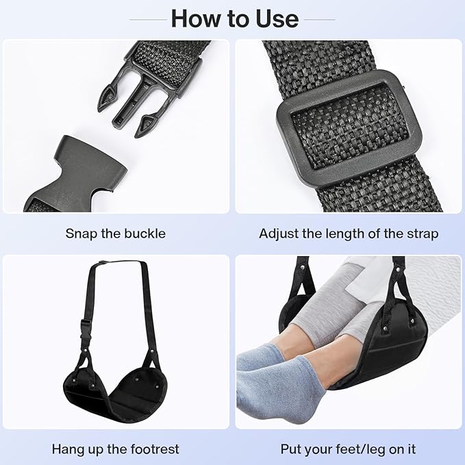Airplane Foot Hammock, Portable Airplane Footrest to Relax Feet, Adjustable Foot Hanger for Long Trip Home Office, Travel Essentials, Black