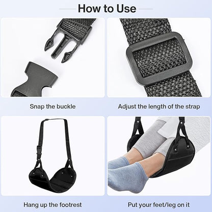 Airplane Foot Hammock, Portable Airplane Footrest to Relax Feet, Adjustable Foot Hanger for Long Trip Home Office, Travel Essentials, Black