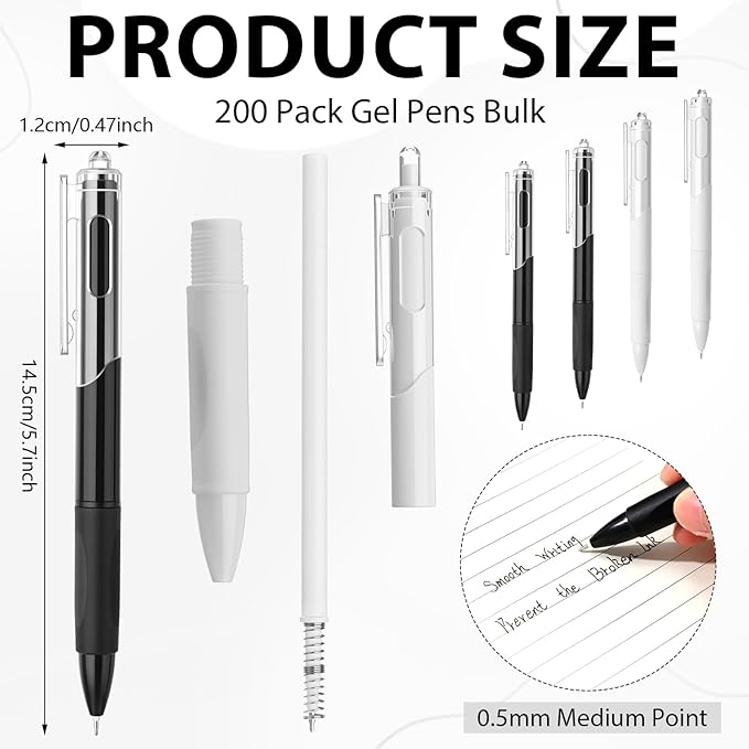 200 Pcs Gel Pens Bulk 0.5mm Black Gel Pen Retractable Fine Point Pens Quick Drying Smooth Writing with Comfortable Grip for School Office Journaling Note Taking and Homework (Black White)