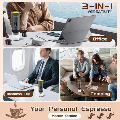 3-in-1 Portable Espresso Machine for Travel & Camping- 20 Bar Self-Heating Portable Coffee Maker with USB-C LED Display Car Coffee Maker, Compatible with Grounds&Capsules(Ns&DG) for RV, Hiking, Office