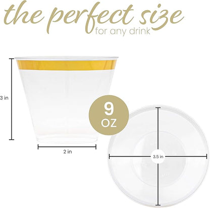 PLASTICPRO 9 oz Disposable Plastic Party Cups,Old fashioned Designed Tumblers, With gold Rim 100 Count, Crystal Clear