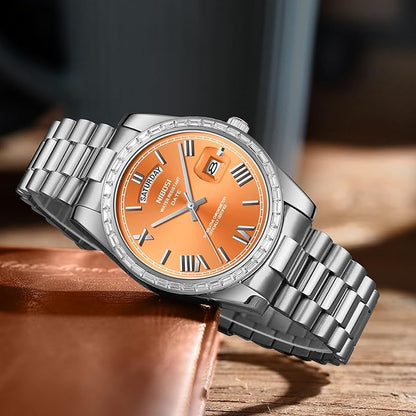 NIBOSI Men's Watches Analog Quartz Diamond Bezel Stainless Steel Dial Rose Gold Silver Watches for Men Waterproof Business Classic Dress Wrist Watch with Day Date