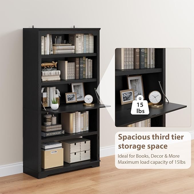 HIFYOBRO 71 inch Tall Bookcase, 5-Tier Open Display Storage Shelf, with Flip-Down Door on 3rd Book Shelf, 37 inch Wide Freestanding Bookshelves for Home, Office, Library (Black)